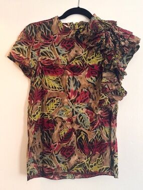Marni Leaf-Print Ruffle Shoulder Blouse in Brown, Red, Green, Blue